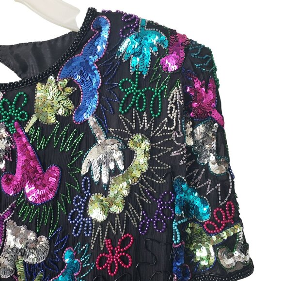 Vintage Sweelo Beaded Sequin Dress 80s Prom Cocktail Black Rainbow Glam Fancy - Picture 14 of 15